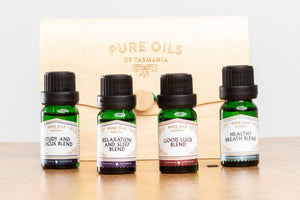 Pure Oil Blends - Set of Four - Study and Focus, Sleep and Relaxation, Breathe Well  and Good Luck Blends (40 ml) in Bamboo Gift Box